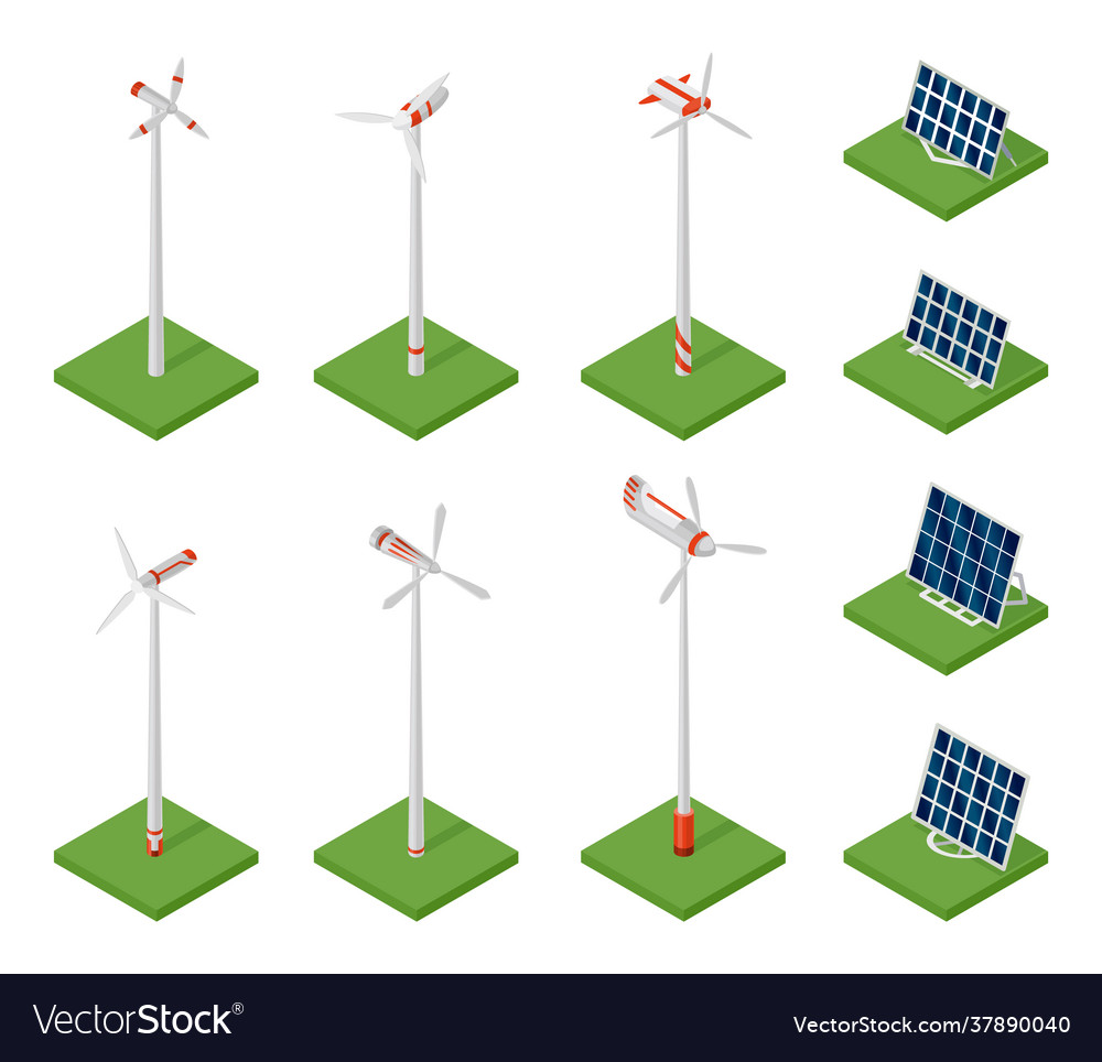 Isometric Solar Panels And Wind Turbines Concept Vector Image