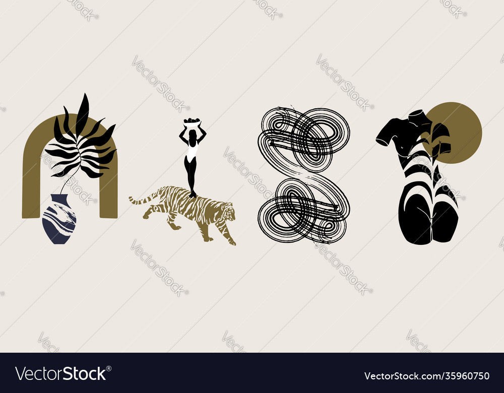 Hand Drawn Flat Naked Women Tiger Vase Stroke Vector Image