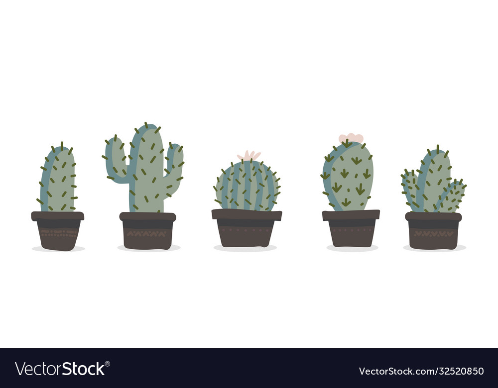 Cute Hand Drawn Cactuse In Pots Set Royalty Free Vector