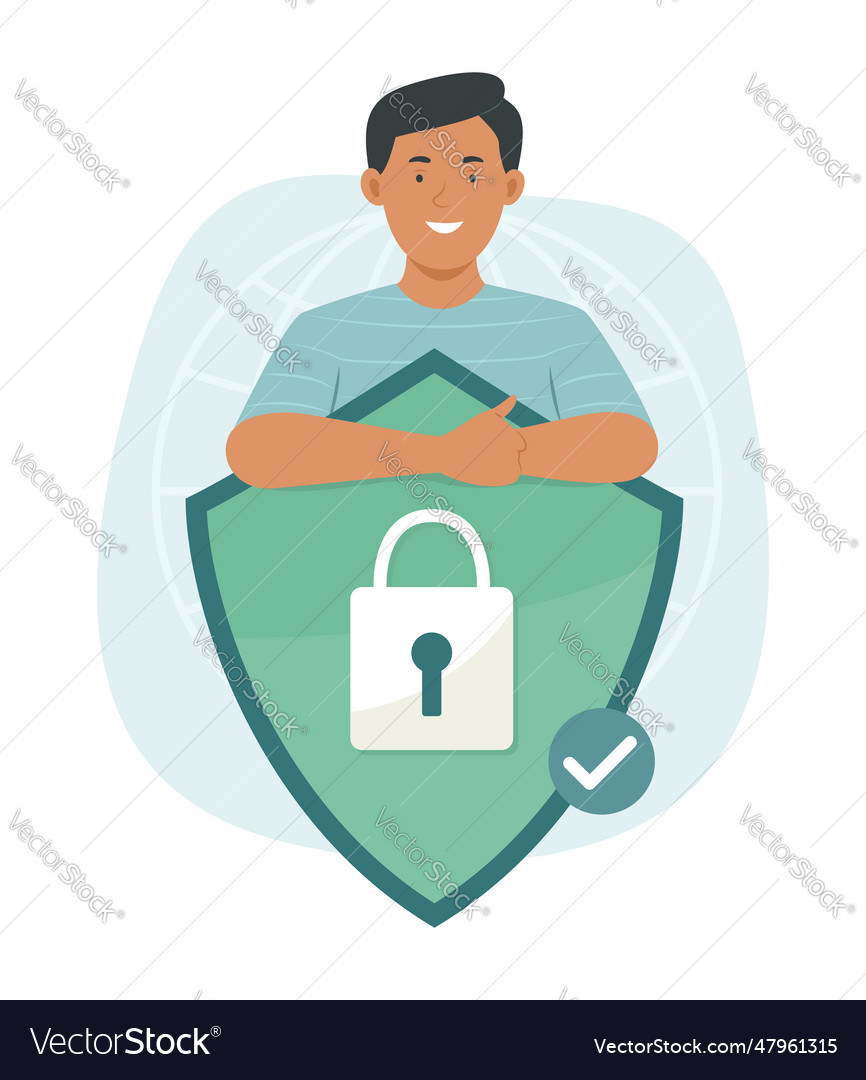 Man And Digital Security Shield With Padlock Icon Vector Image