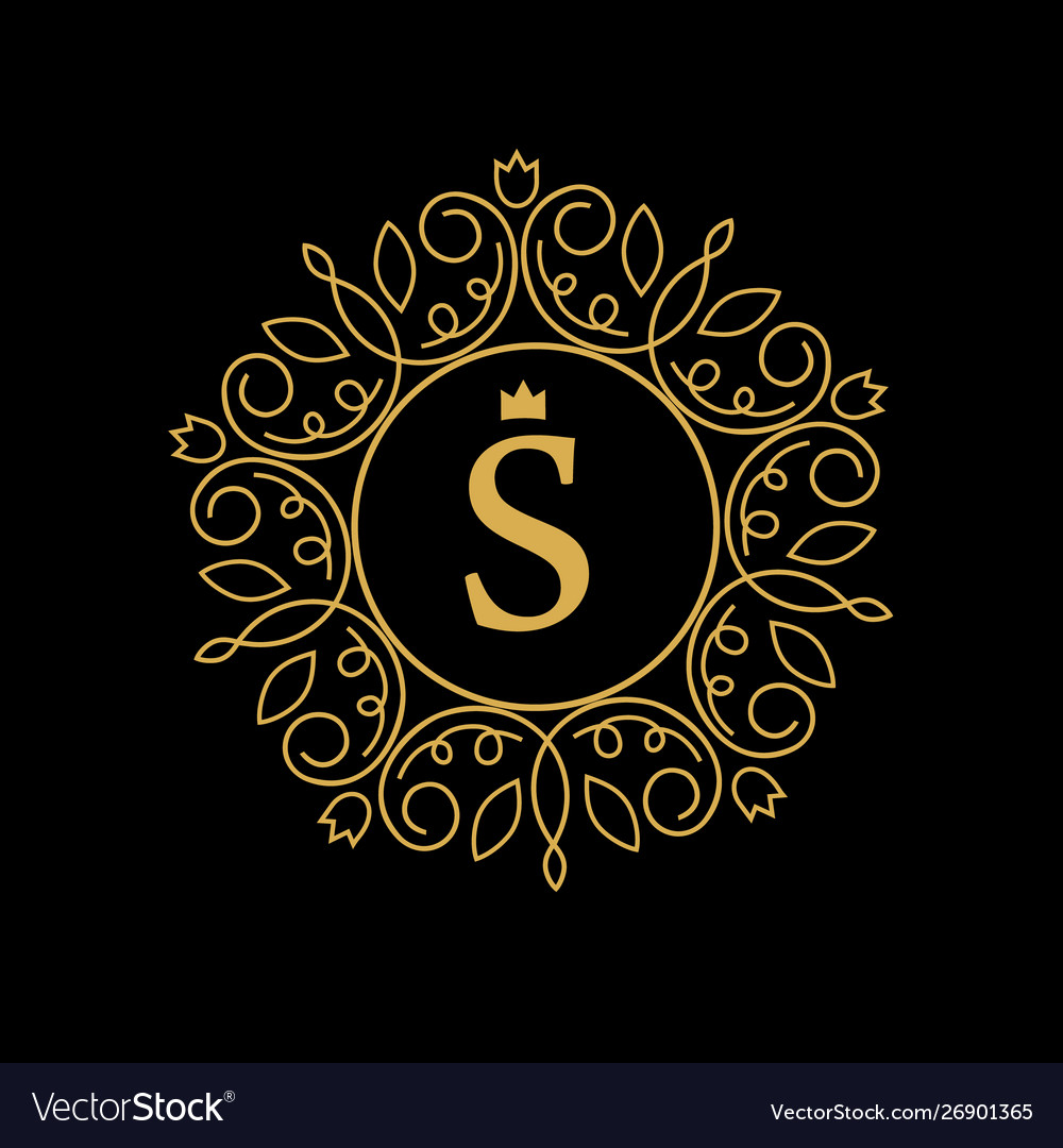 Round Emblem With Gold Letter S On Black Vector Image