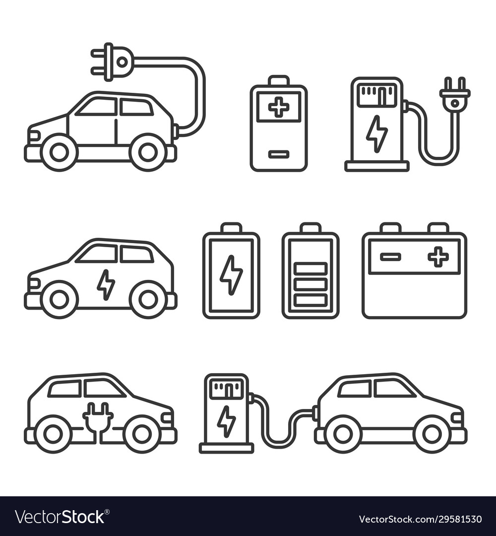 Electric Car Icons Set On White Background Line Vector Image