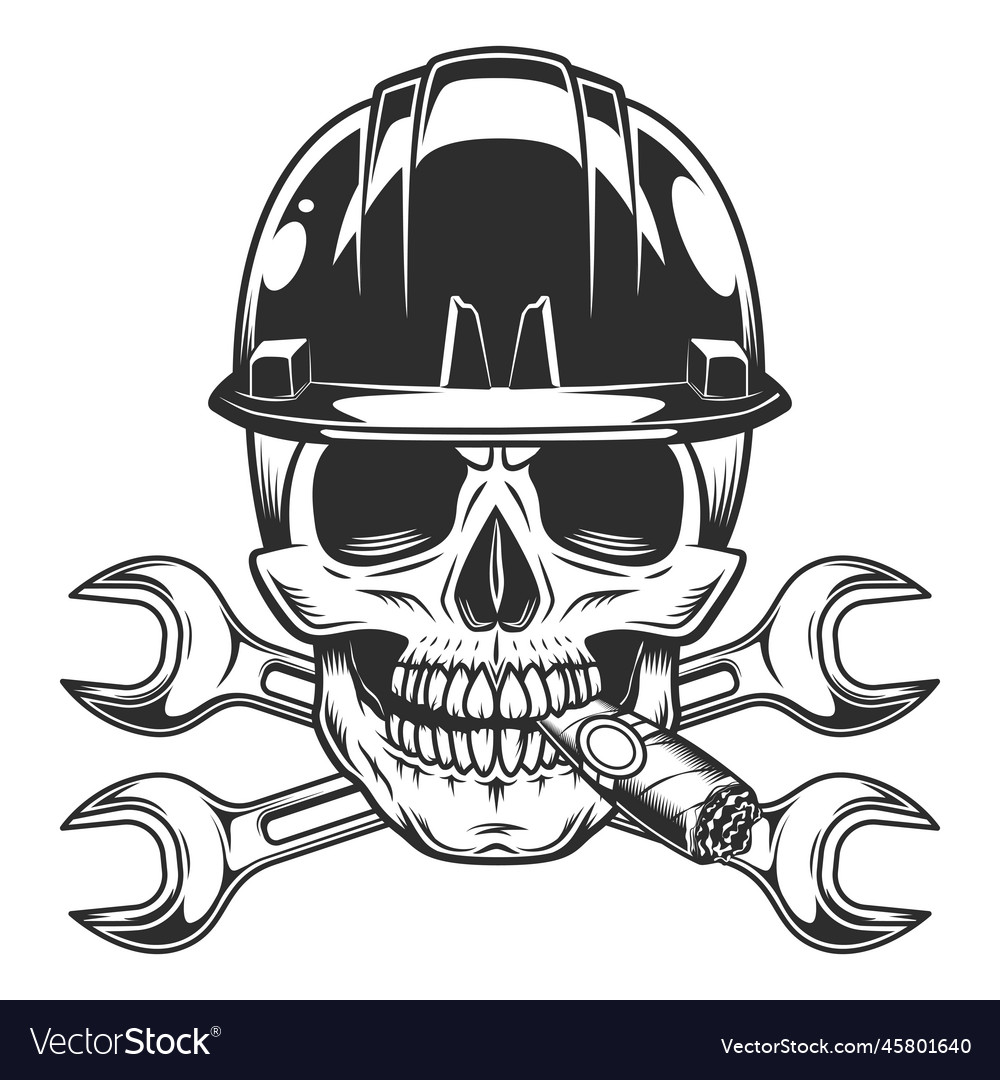 Skull Smoking Cigar In Hard Hat Helmet With Wrench