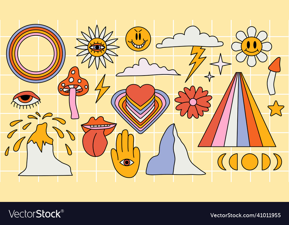 Set Of Hipster Retro Cool Psychedelic Elements Vector Image