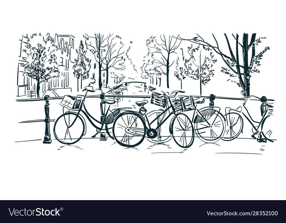 Amsterdam Bicycles Sketch Line Royalty Free Vector Image