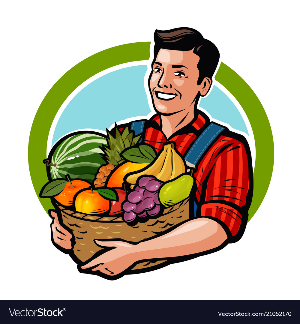 Happy Farmer Holding Wicker Basket Full Fresh Vector Image