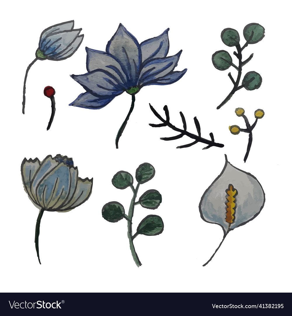 Hand Drawn Flower Set Set Of Isolated Floral Vector Image