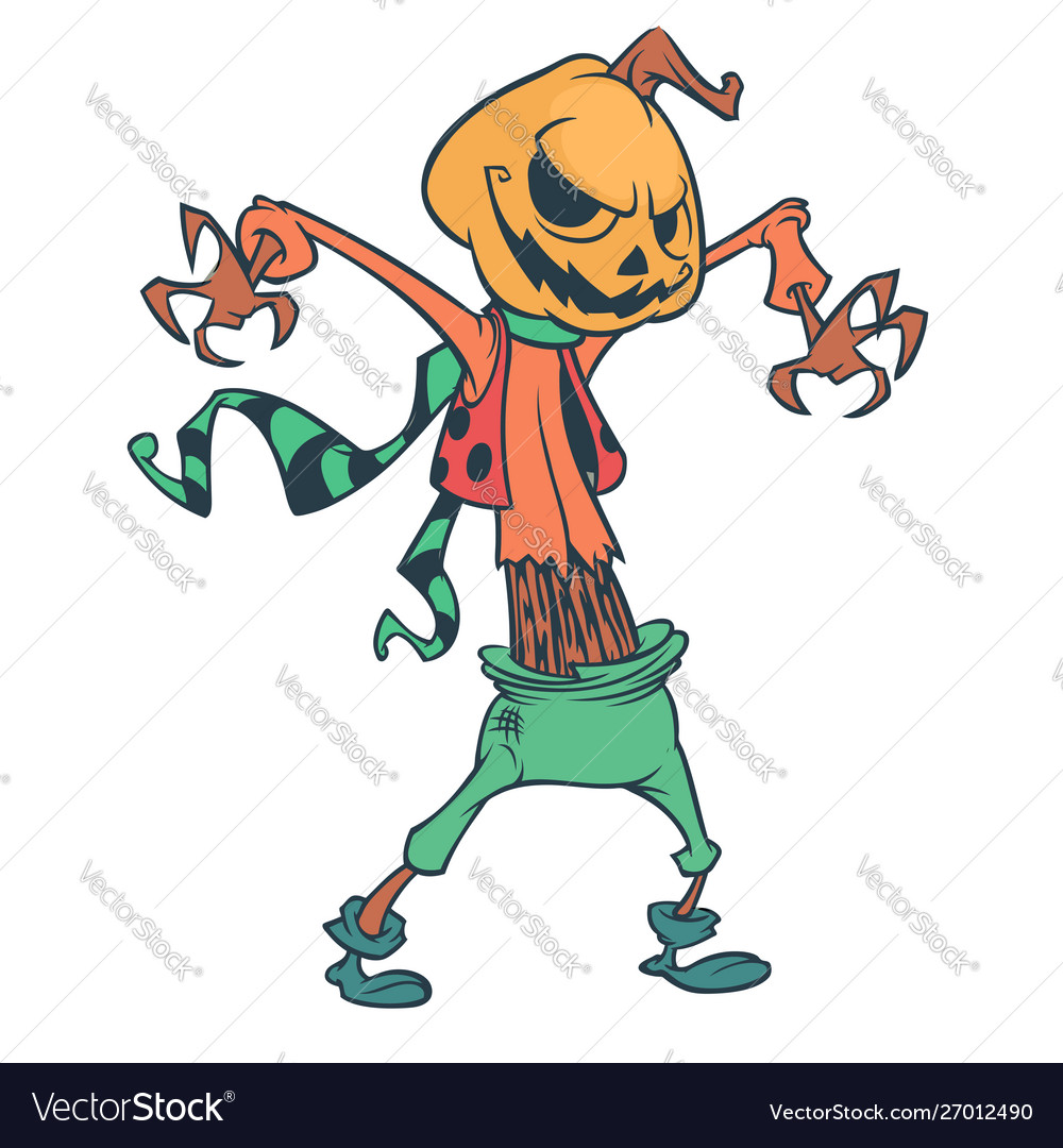 Halloween Cartoon Scarecrow Pumpkin Head Vector Image