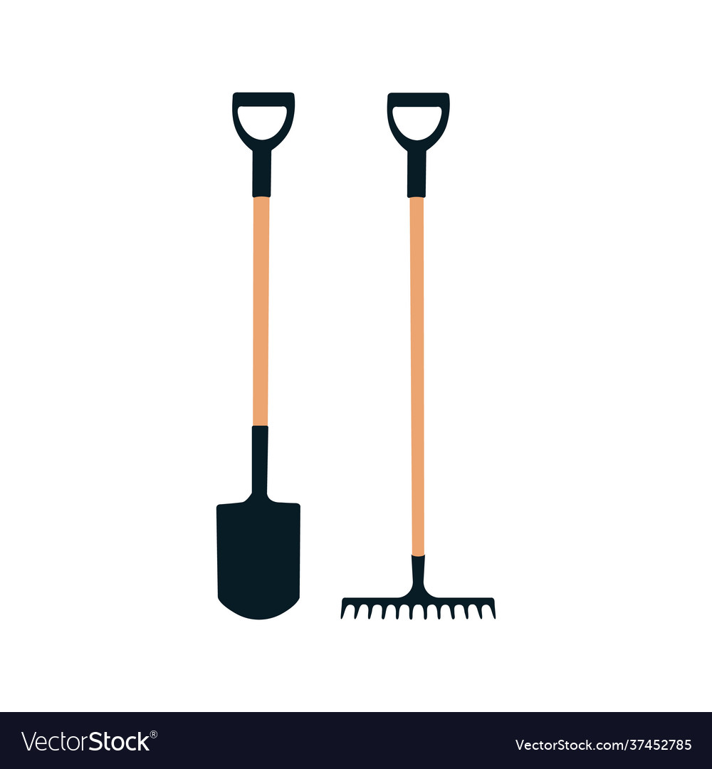 Shovel And Rake To Work In Garden Icons Royalty Free Vector