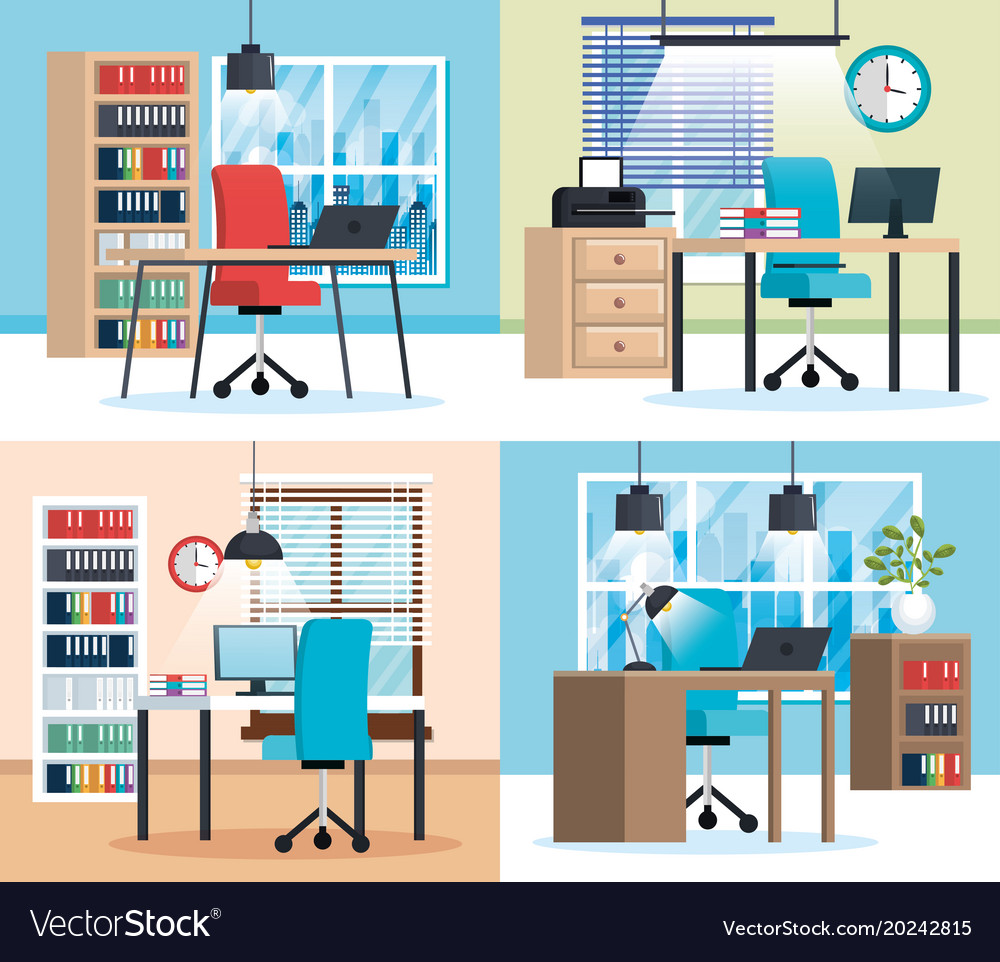 Office Workplaces Scenes Icons Royalty Free Vector Image