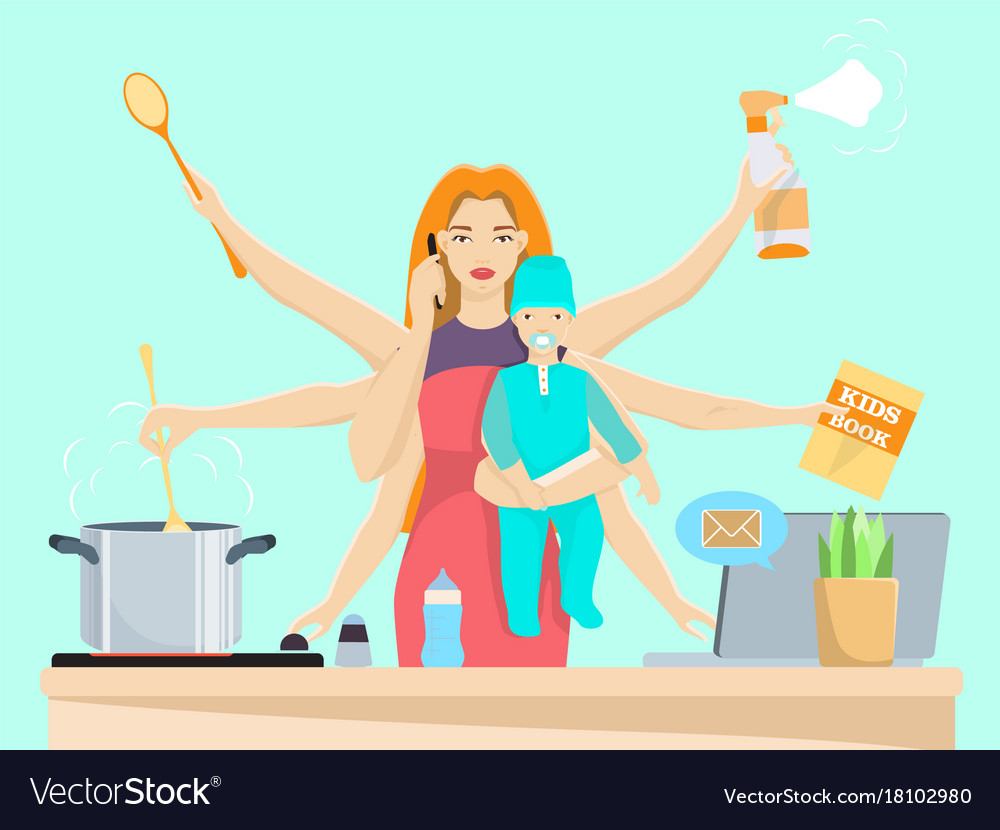 Busy Multitasking Woman And Mom With Baby Vector Image