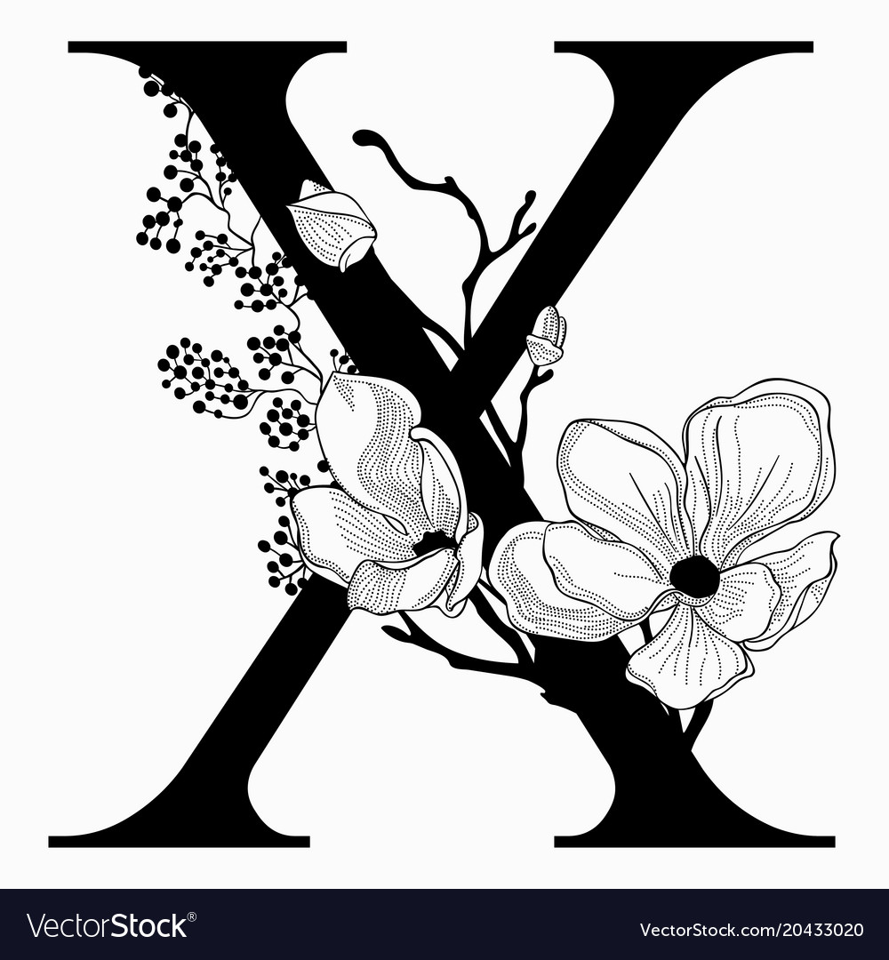 Hand Drawn Floral Uppercase X Monogram And Vector Image