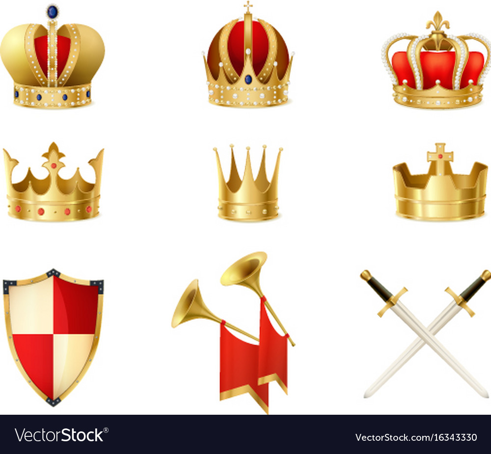 Set Of Realistic Golden Royal Crowns Royalty Free Vector