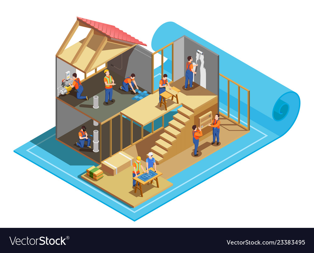 Construction Workers Isometric Composition Vector Image