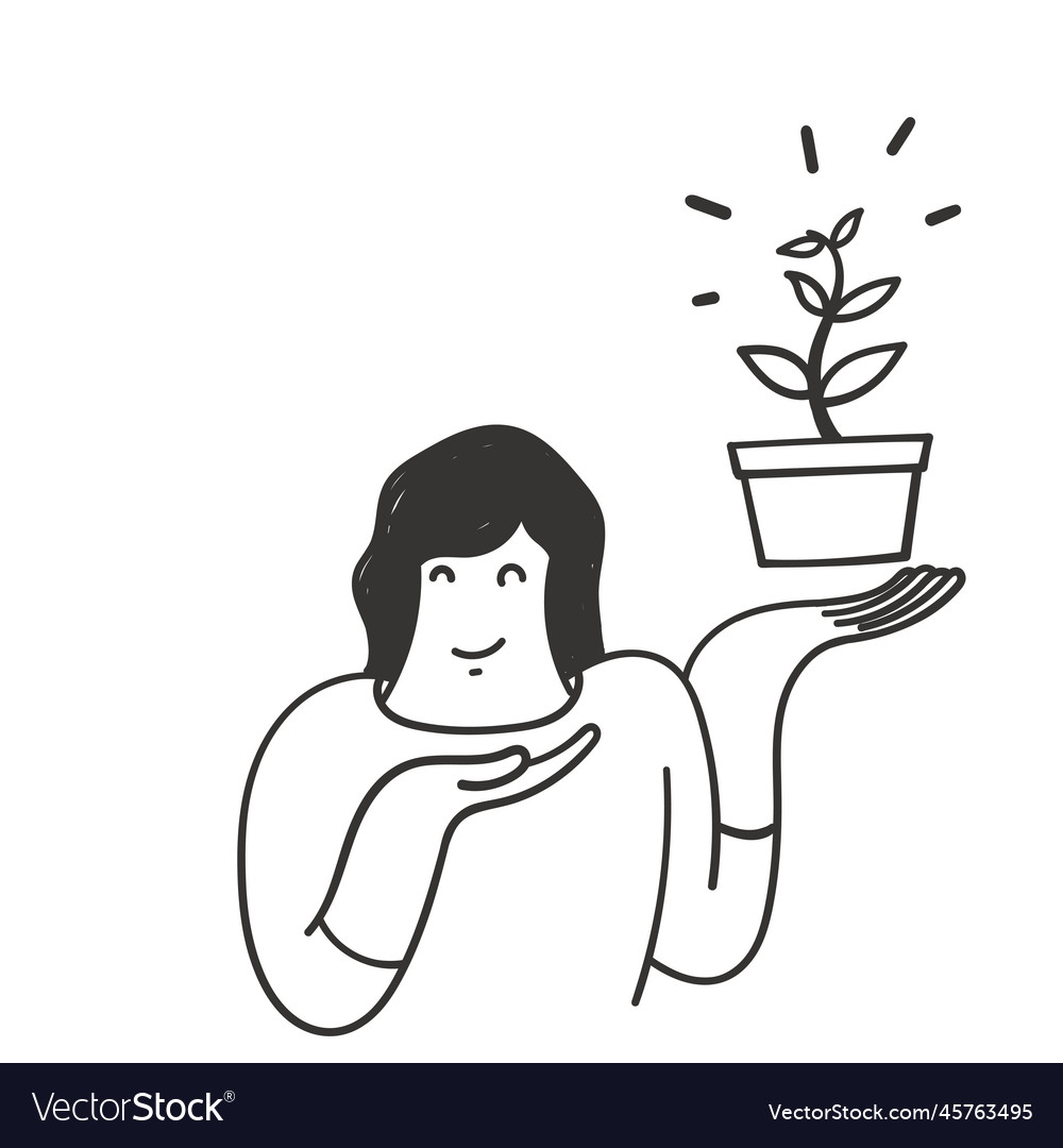 Hand Drawn Doodle Woman Holding A Plant In A Pot Vector Image