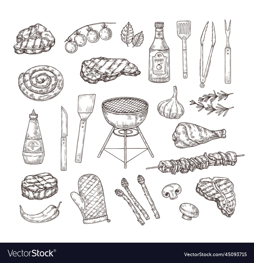 Sketch Grill Food Bbq Tools Sauces And Meat Vector Image