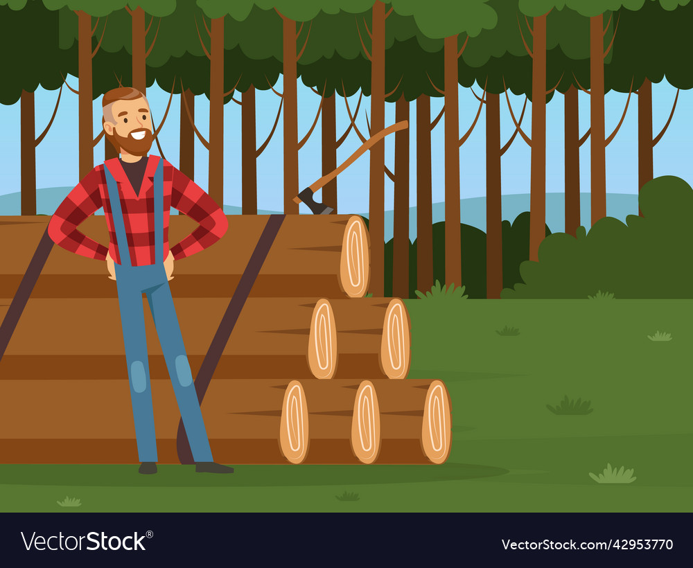 Bearded Man Lumberjack Or Woodman In Red Checkered