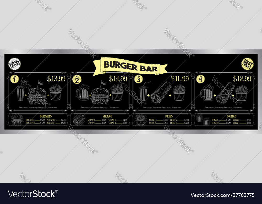 Burger Bar Menu Template Price List Banner Sets Vector Image