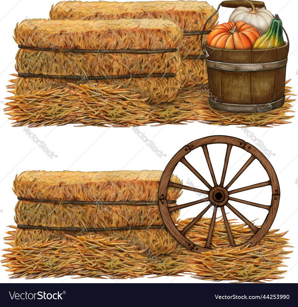 Watercolor Hand Drawn Hay Bales With Pumpkins Vector Image