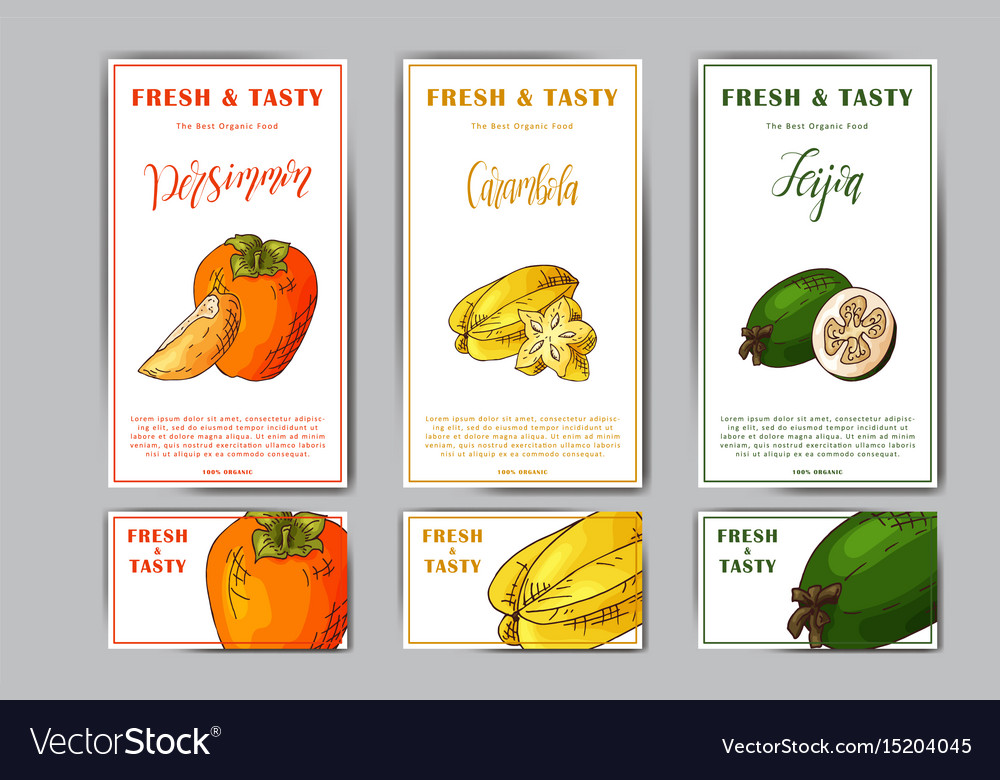 Set Of Organic Fruits Cards Hand Drawn Sketch Vector Image