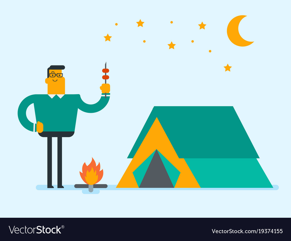 Man Sitting On Log Near Campfire In The Camping Vector Image