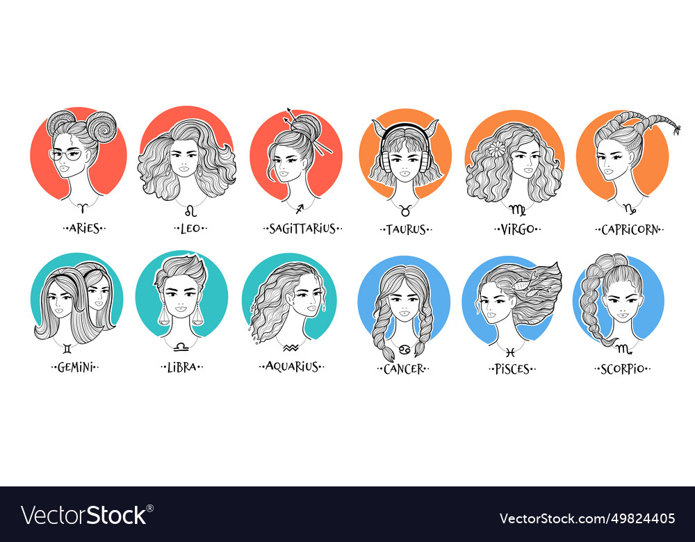 Zodiac Signs Line Art Female Portraits Royalty Free Vector