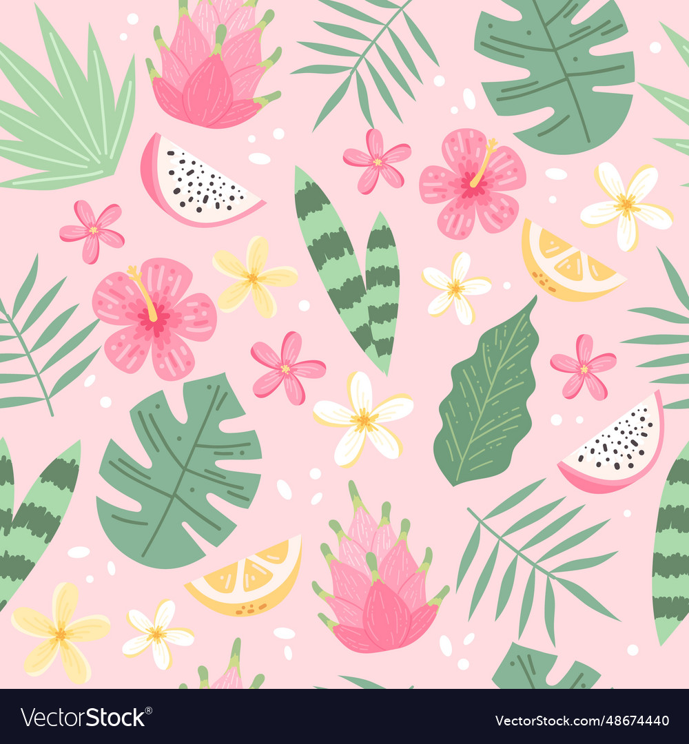 Tropical Leaves And Flowers Seamless Patterns On Vector Image