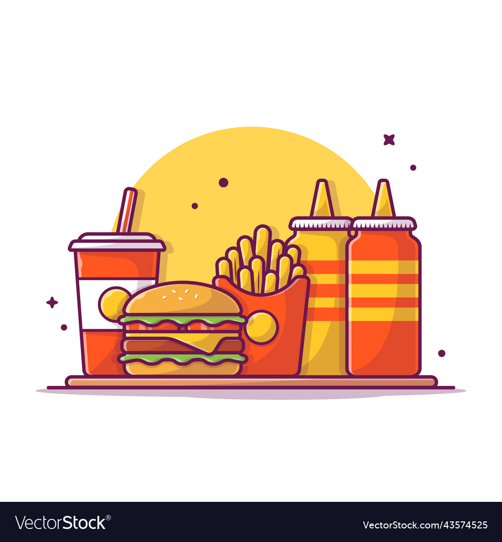 Burger French Fries And Soft Drink With Mustard Vector Image