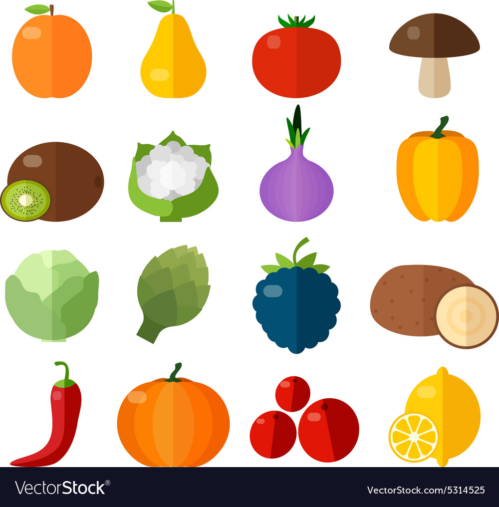 Fresh Fruits And Vegetables Flat Icons Set Vector Image