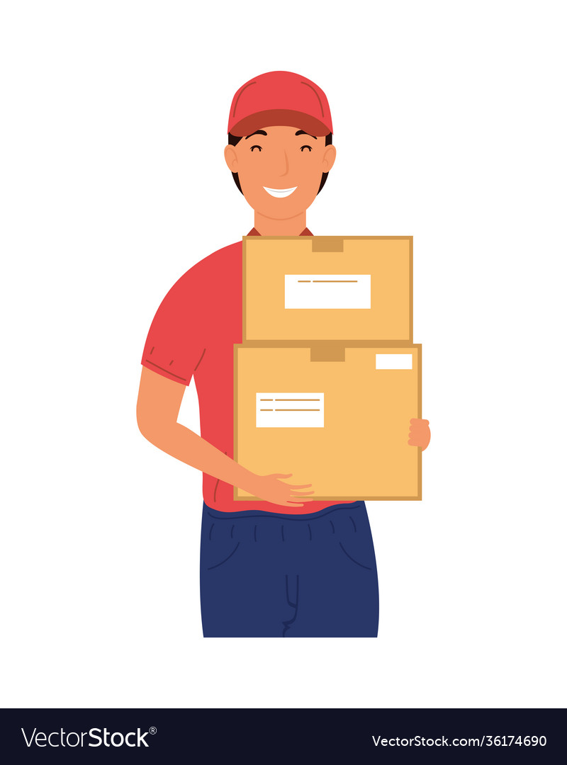 Delivery Service Worker Character Lifting Boxes Vector Image