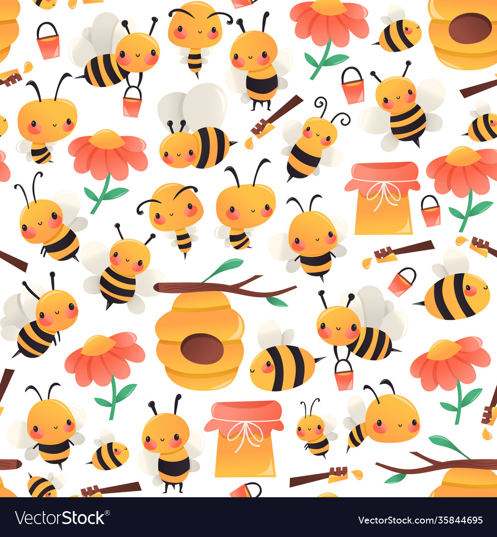 Super Cute Cartoon Honey Bees Seamless Pattern Vector Image