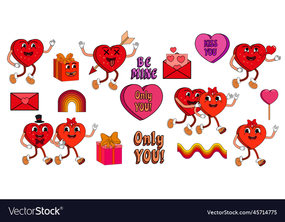 Groovy Valentine Day Icon Sticker Set Trendy Vector Image