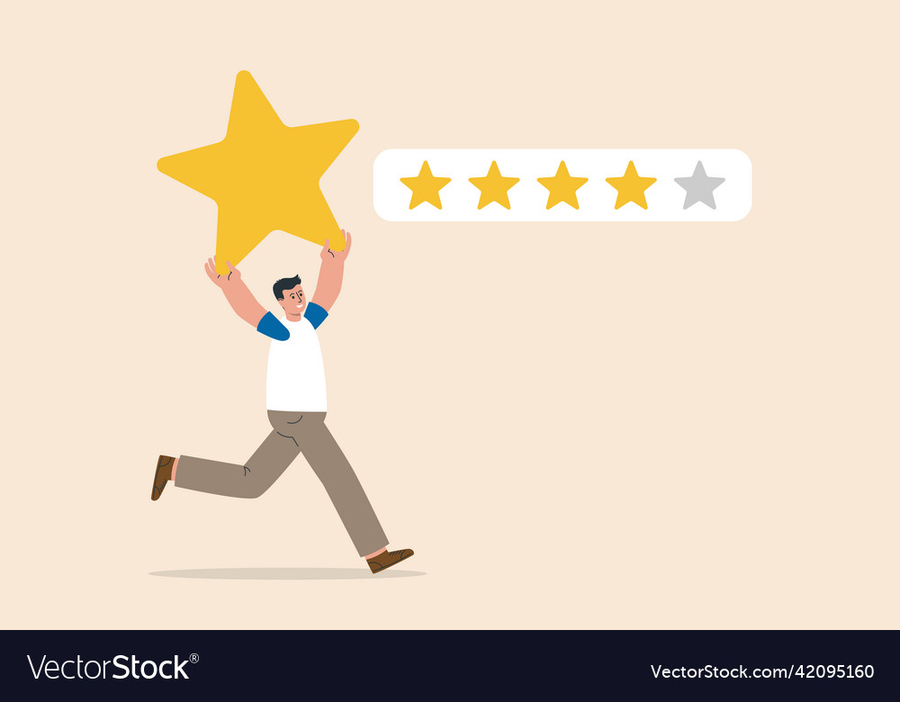 Man Holding Gold Star To Added To 5 Stars Rating Vector Image