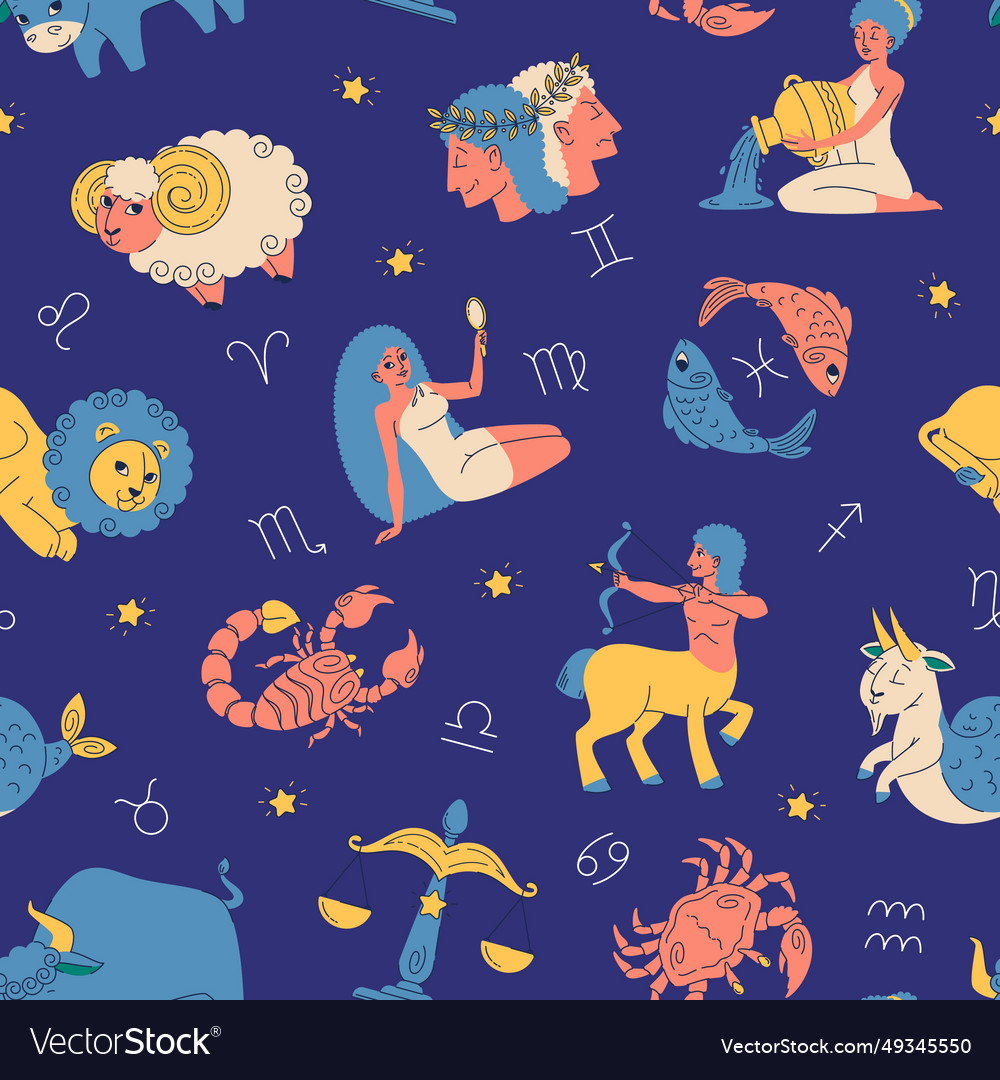 Zodiac Signs Seamless Pattern Night Sky Royalty Free Vector