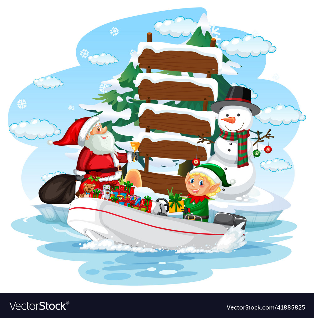 Santa Claus And Elves Delivering Gifts By Boat Vector Image