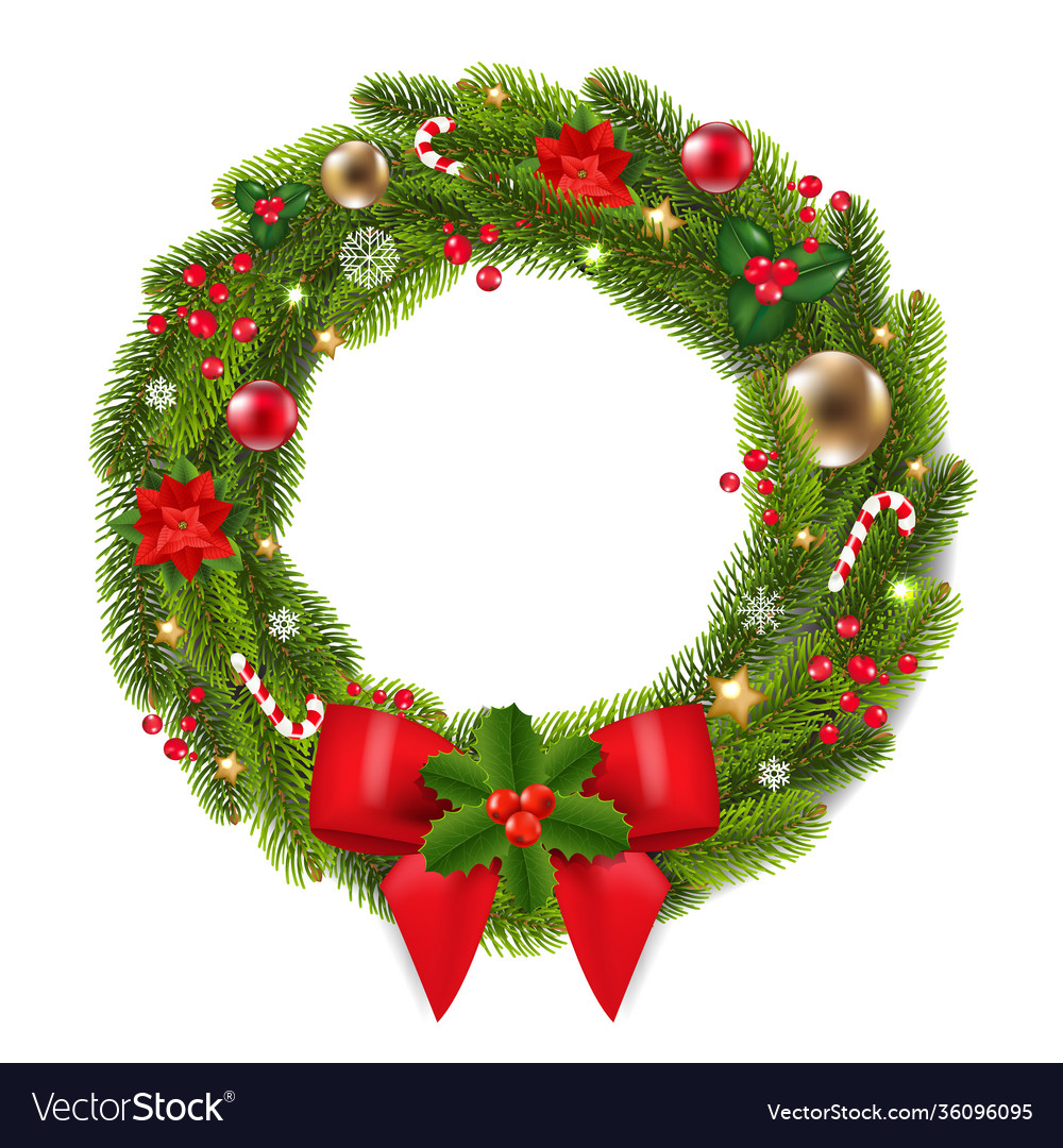 Christmas Wreath With Red Ribbon And Bow Vector Image