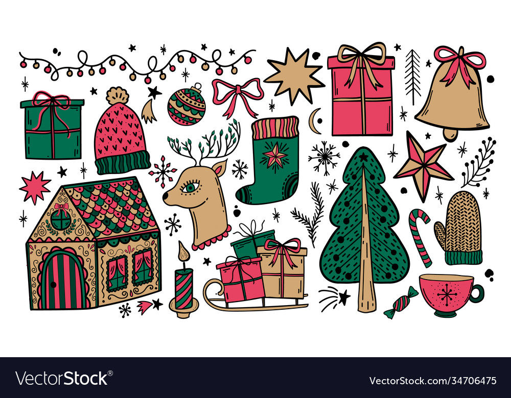 Merry Christmas Doodle Hand Drawn Set Happy New Vector Image