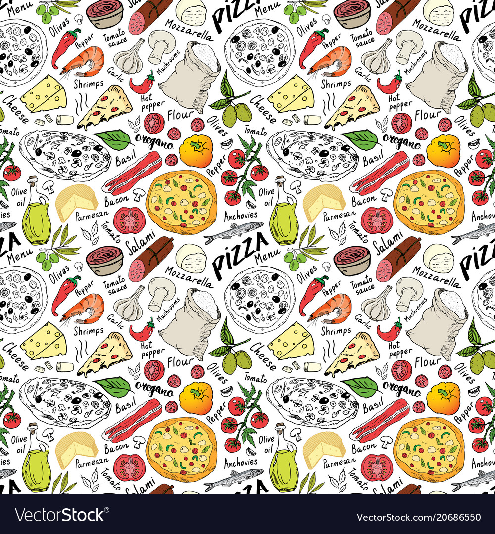 Pizza Seamless Pattern Hand Drawn Sketch Vector Image