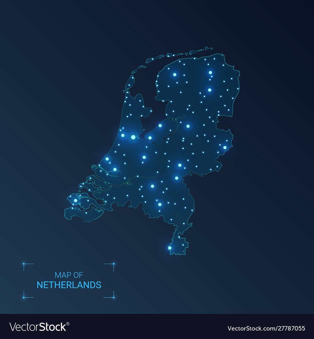 Netherlands Map With Cities Luminous Dots Neon Vector Image