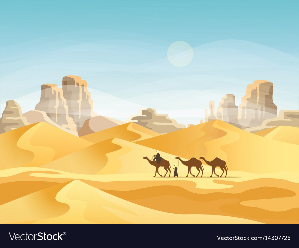 Desert With Convoy Or Camel Caravan Royalty Free Vector