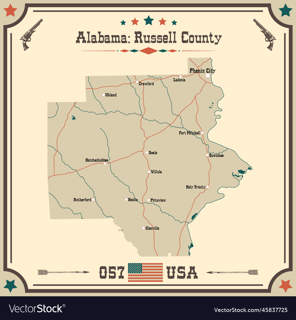 Vintage Map Of Russell County In Alabama Usa Vector Image