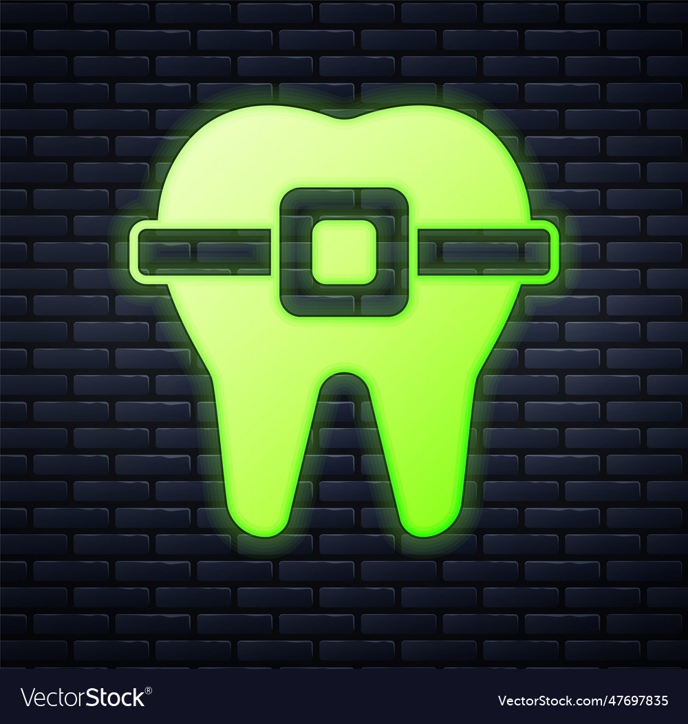 Glowing Neon Teeth With Braces Icon Isolated Vector Image