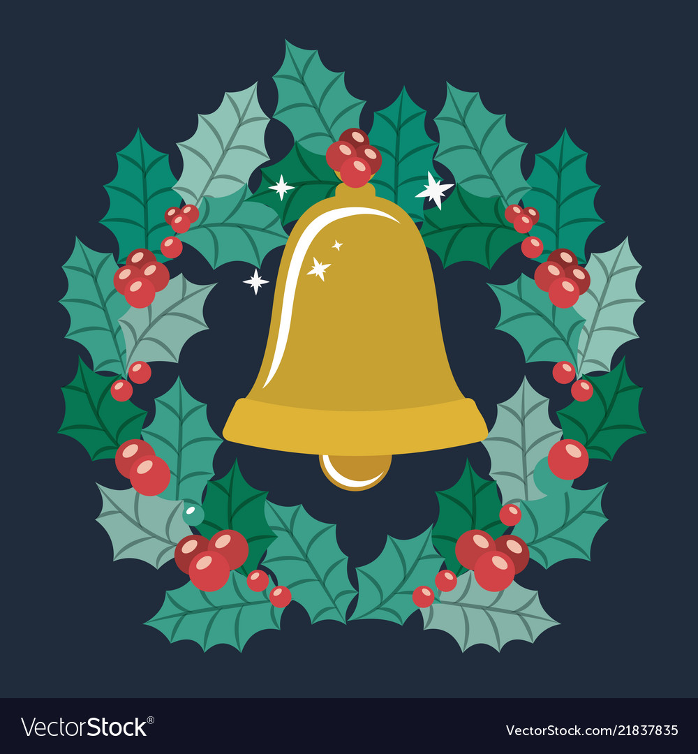 Gold Bell And Wreath Of Merry Christmas Design Vector Image