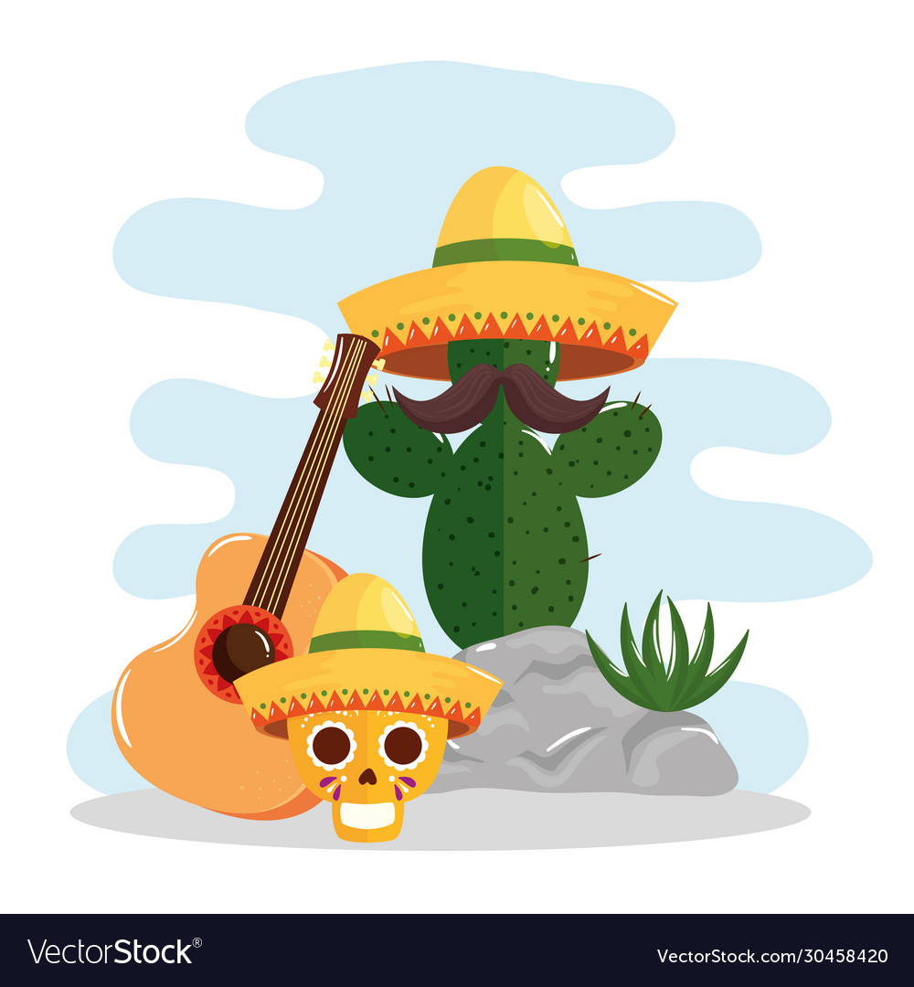 Mexican Cactus With Hat Mustache Skull And Guitar Vector Image