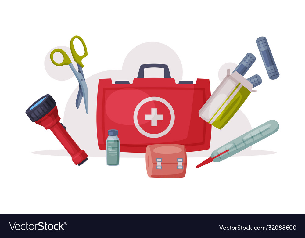 First Aid Kit Box With Medical Equipment Vector Image