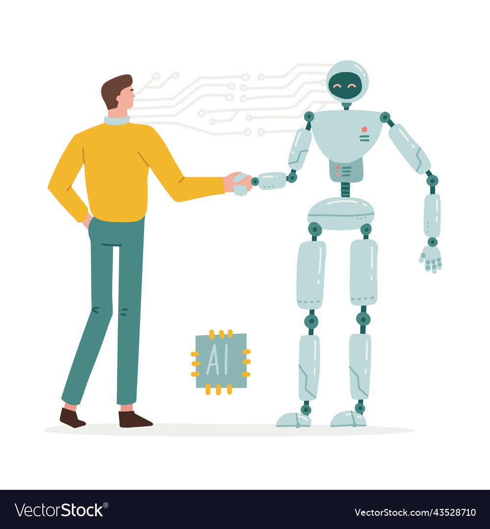 Ai Robot Handshake With Man Futuristic Artificial Vector Image