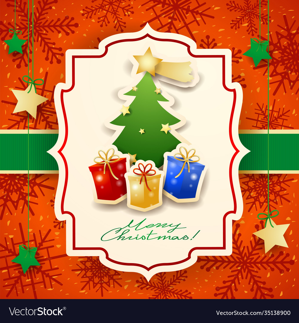 Christmas Card With Tree Gifts And Text Royalty Free Vector