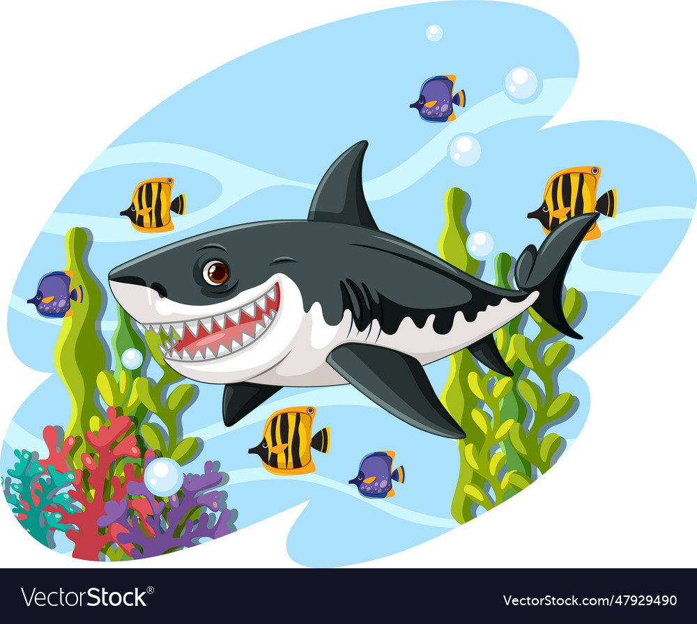 A Cartoon Of Great White Shark With Big Teeth Vector Image