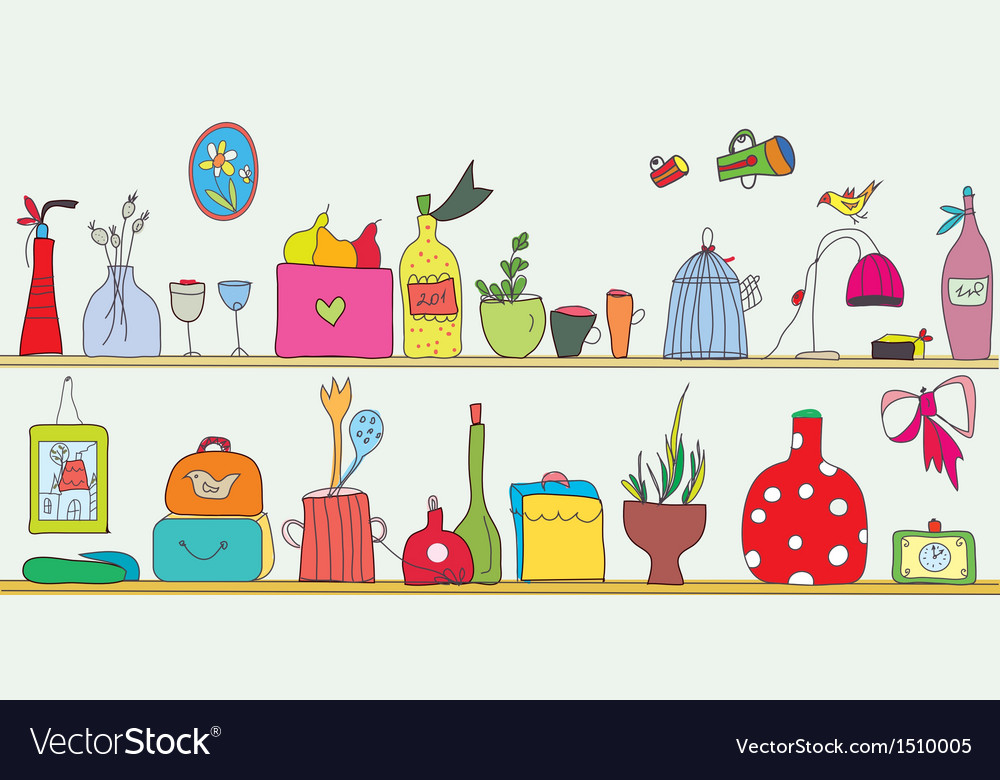 Funny kitchen shelf with utensils Royalty Free Vector Image Funny kitchen shelf with utensils Royalty Free Vector Image