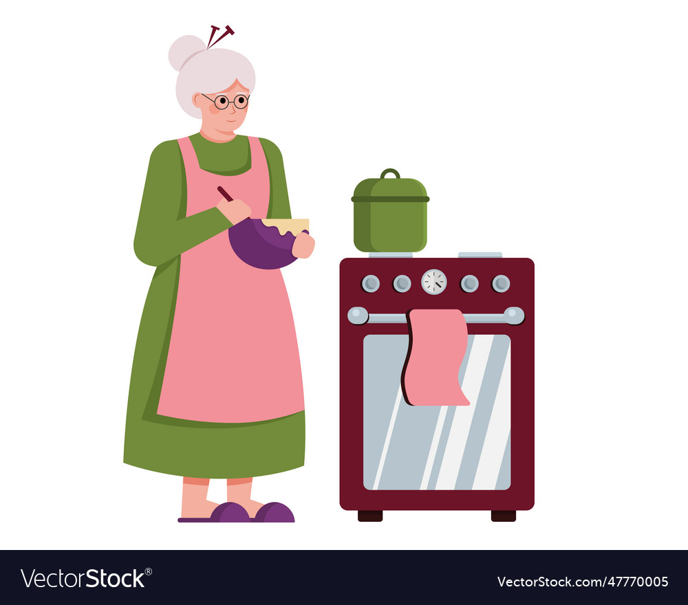 Senior female standing near oven and cooking food Vector Image